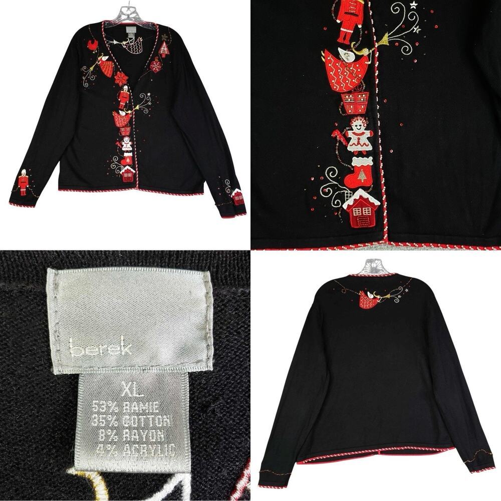 Vtg Berek Christmas Holiday Sweater Cardigan Women's Size XL Button Up Black Red - Picture 1 of 10